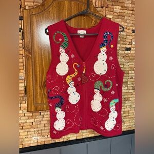 Vintage Kim Rogers Holiday Snowman full zip sequin sweater vest sz M